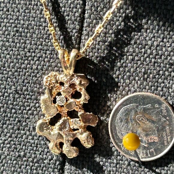 14K Gold Two Diamond Channel Set And Nugget Design Rectangular Pendant Unisex - Picture 7 of 11